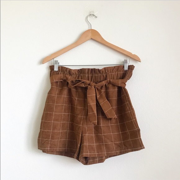 Forever 21 Pants - Grid printed high waisted paper bag shorts